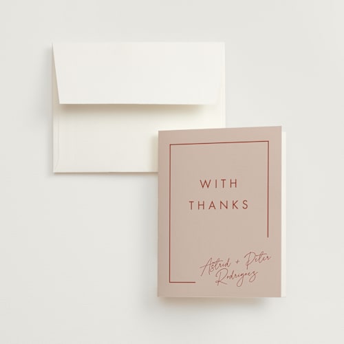 This is a peach cream wedding thank you cards with standard by Snow and Ivy called jot printing on strathmore in standard