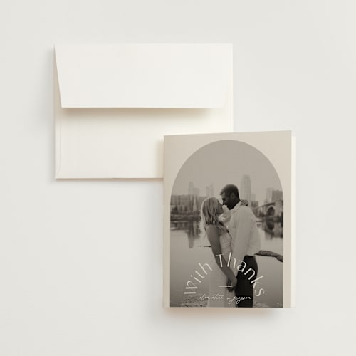 This is a almond wedding thank you cards with standard by Blustery August called trois printing on strathmore in standard