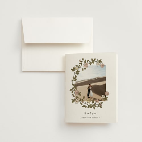 This is a snow wedding thank you cards with standard by Cedar and Grey called vintage roses printing on strathmore in standard