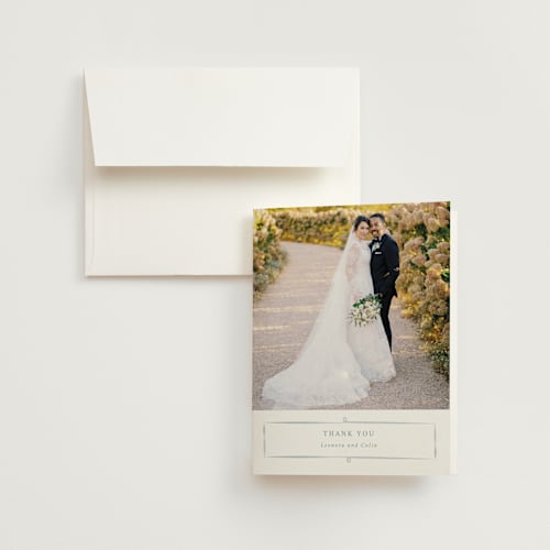 This is a bluebell wedding thank you cards with standard by Corinne Malesic called vintage whimsy printing on strathmore in standard