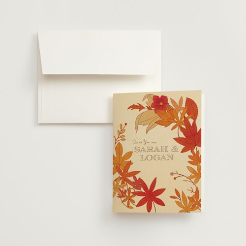 This is a autumn wedding thank you cards with standard by Morgan Ramberg called fall in love printing on strathmore in standard