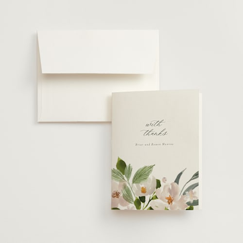 This is a cream wedding thank you cards with standard by Angela Marzuki called petal toss printing on strathmore in standard