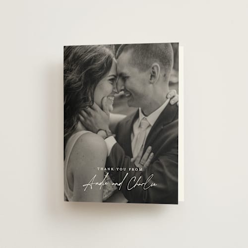 This is a buff wedding thank you cards with standard by Sara Hicks Malone called happily ever after printing on strathmore in standard