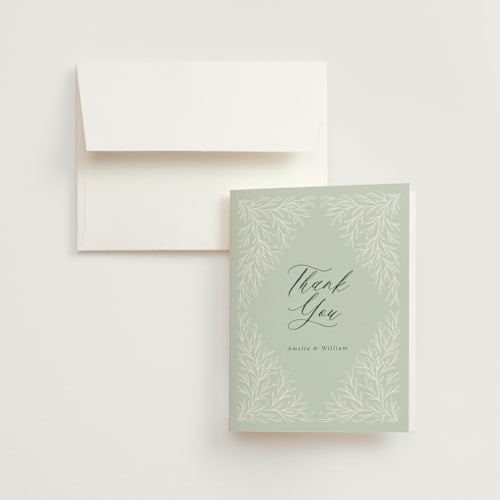 This is a sage wedding thank you cards with standard by Kristen Knechtel called fairy forest printing on strathmore in standard