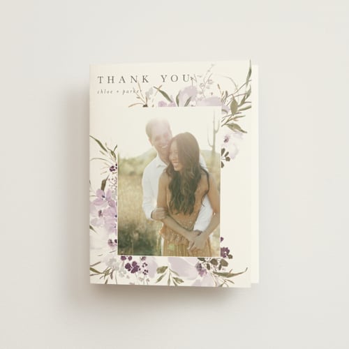 This is a lilac wedding thank you cards with standard by Grace Kreinbrink called meadow burst printing on strathmore in standard