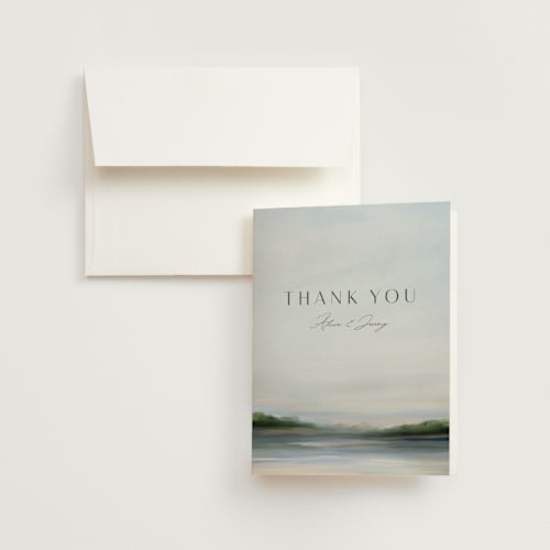 This is a sky wedding thank you cards with standard by Nicole Walsh called calm water printing on strathmore in standard