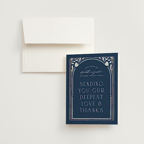 This is a delphinium wedding thank you cards with standard by Ashley DeMeyere called nouveau frame printing on strathmore in standard