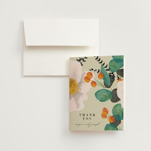 This is a wheat wedding thank you cards with standard by Keen Peachy called floral splash printing on strathmore in standard
