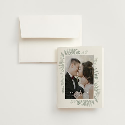 This is a fern wedding thank you cards with standard by Kristie Kern called gilded woodland printing on strathmore in standard