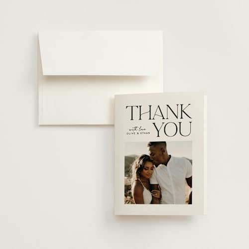 This is a pearl wedding thank you cards with standard by Owl and Toad called casual printing on strathmore in standard