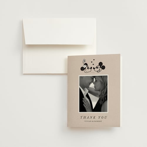 This is a retro wedding thank you cards with standard by Sumak Studio called disney's retro mickey mouse and minnie mouse printing on strathmore in standard