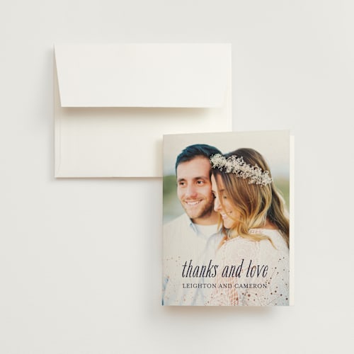 This is a blue violet wedding thank you cards with standard by Snow and Ivy called starlight printing on strathmore in standard