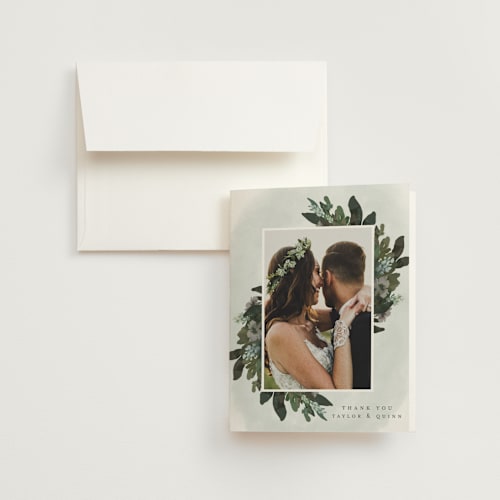 This is a evergreen wedding thank you cards with standard by Grace Kreinbrink called foliage wreath printing on strathmore in standard