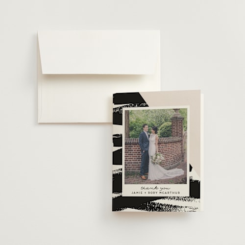 This is a cream wedding thank you cards with standard by Everett Paper Goods called brushed stripes printing on strathmore in standard