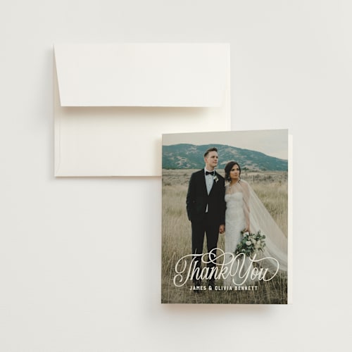 This is a champagne wedding thank you cards with standard by Jessie Steury called vintage silhouettes printing on strathmore in standard