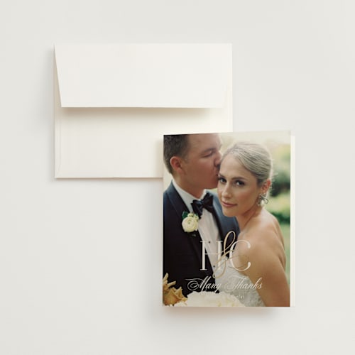 This is a ivory wedding thank you cards with foil pressed by Melanie Kosuge called honor printing on strathmore in standard