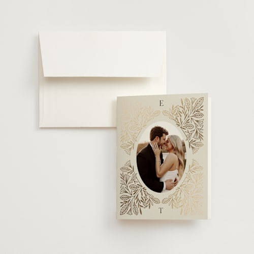 This is a cream wedding thank you cards with foil pressed by Jen Owens called baroque printing on strathmore in standard