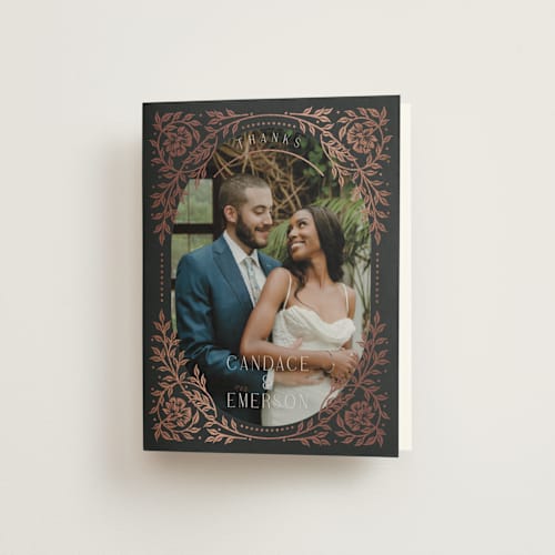 This is a onyx wedding thank you cards with foil pressed by Ana de Sousa called gilded nouveau frame printing on strathmore in standard