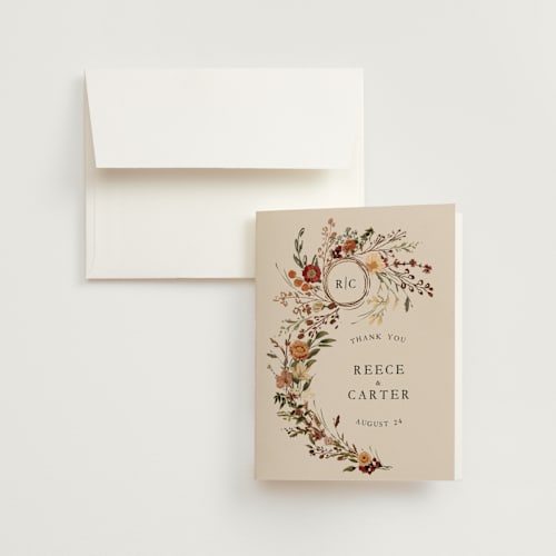 This is a harvest wedding thank you cards with foil pressed by Susan Moyal called monogrammed floral printing on strathmore in standard