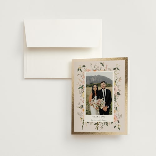 This is a champagne wedding thank you cards with foil pressed by Susan Moyal called enchanting printing on strathmore in standard