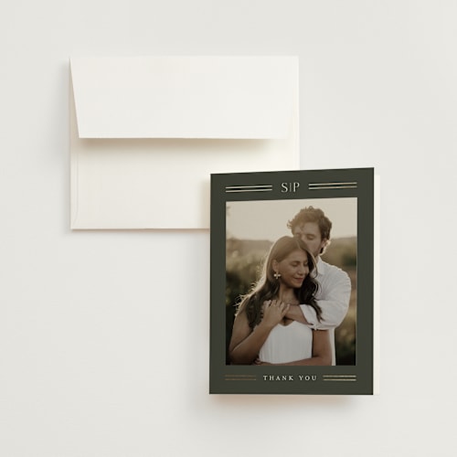 This is a olive wedding thank you cards with foil pressed by Stacey Meacham called perfect pair printing on strathmore in standard
