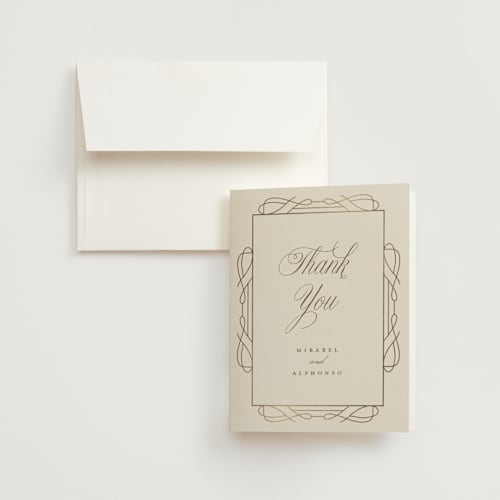 This is a cream wedding thank you cards with foil pressed by Katie Zimpel called simple art nouveau printing on strathmore in standard
