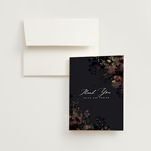 This is a midnight wedding thank you cards with foil pressed by Grace Kreinbrink called vintage rose garden printing on strathmore in standard