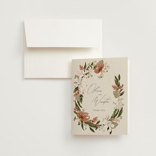 This is a terracotta wedding thank you cards with foil pressed by Susan Moyal called delicate printing on strathmore in standard