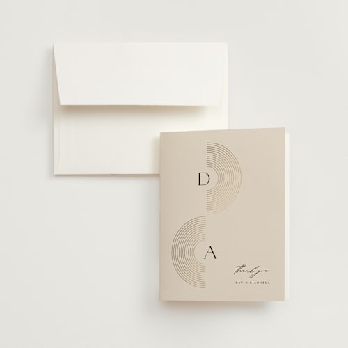 This is a latte wedding thank you cards with foil pressed by Christie Garcia called modernist monogram printing on strathmore in standard