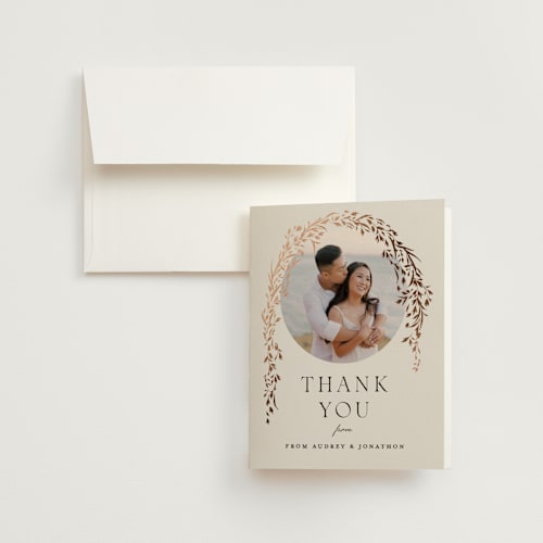 This is a almond wedding thank you cards with foil pressed by Erin L. Wilson called trailing vines printing on strathmore in standard