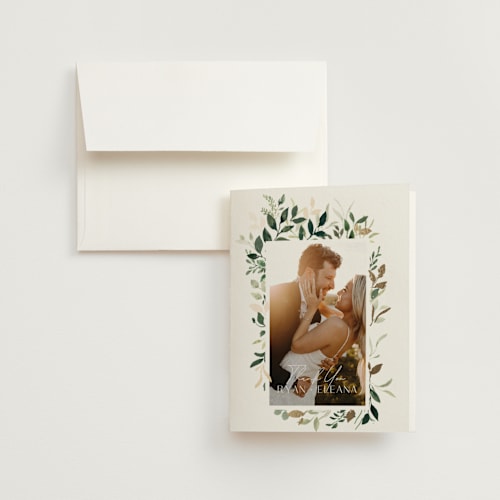 This is a greenery wedding thank you cards with foil pressed by Itsy Belle Studio called garden serenity printing on strathmore in standard
