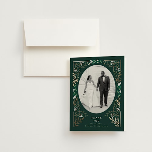This is a evergreen wedding thank you cards with foil pressed by Alethea and Ruth called illuminated storybook printing on strathmore in standard
