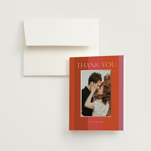 This is a fruit punch wedding thank you cards with foil pressed by Morgan Kendall called patchwork border printing on strathmore in standard