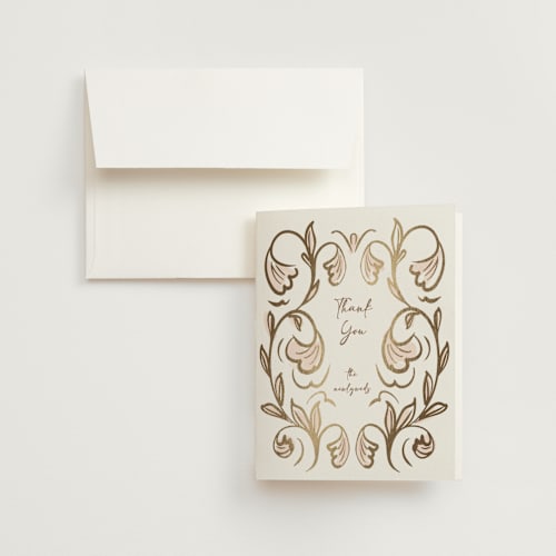This is a blush wedding thank you cards with foil pressed by Ani Somi called bella bellissima printing on strathmore in standard