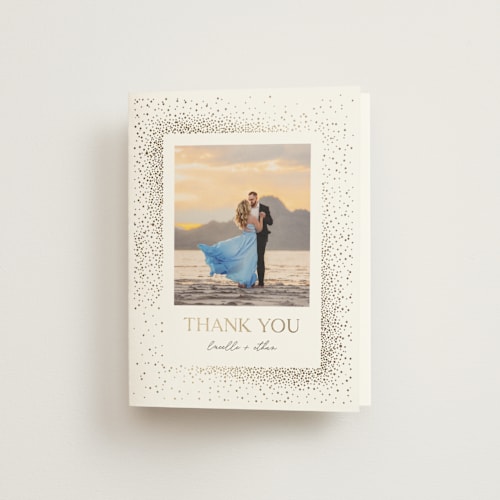 This is a sparkle wedding thank you cards with foil pressed by Pixel and Hank called flicker printing on strathmore in standard