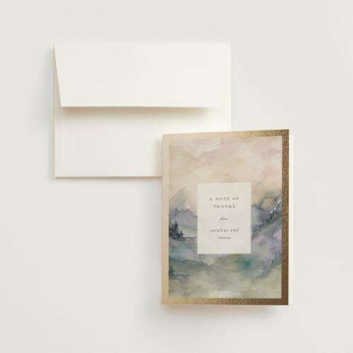 This is a latte wedding thank you cards with foil pressed by Lori Wemple called mountain printing on strathmore in standard