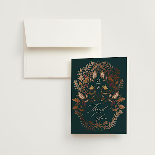 This is a deep sea wedding thank you cards with foil pressed by Erin German called autumnal arch printing on strathmore in standard