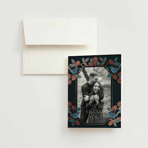 This is a onyx wedding thank you cards with foil pressed by Ana de Sousa called wedding birds printing on strathmore in standard
