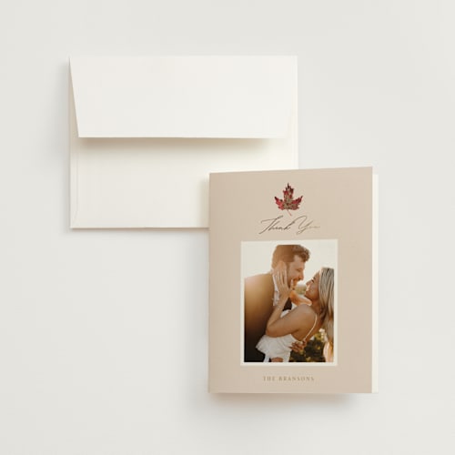 This is a autumn wedding thank you cards with foil pressed by Itsy Belle Studio called autumn leafs printing on strathmore in standard