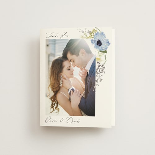 This is a azure wedding thank you cards with foil pressed by Susan Moyal called timeless blooms printing on strathmore in standard