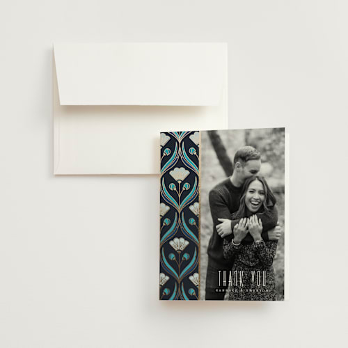 This is a cote d'azur wedding thank you cards with foil pressed by Ana de Sousa called deco pattern printing on strathmore in standard