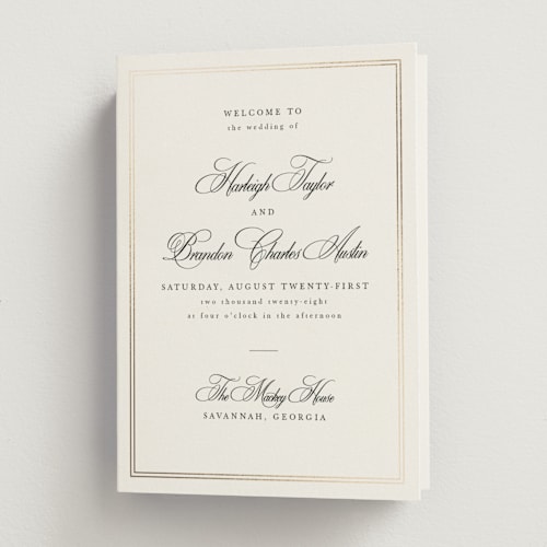 This is a snow unique wedding programs with foil pressed by Sarah Brown called traditionalist printing on signature in folded