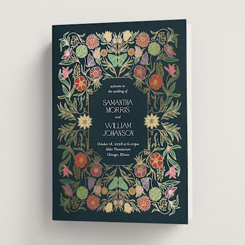 This is a midnight garden unique wedding programs with foil pressed by Simona Camp called gilded tapestry printing on signature in folded