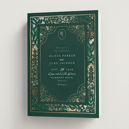 This is a evergreen unique wedding programs with foil pressed by Alethea and Ruth called illuminated storybook printing on signature in folded