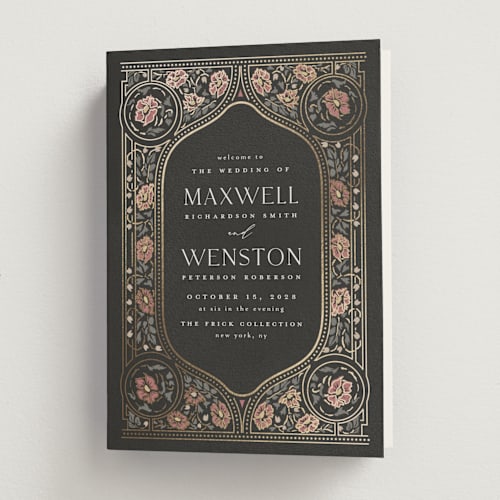 This is a ebony unique wedding programs with foil pressed by Ana de Sousa called timeless nature printing on signature in folded