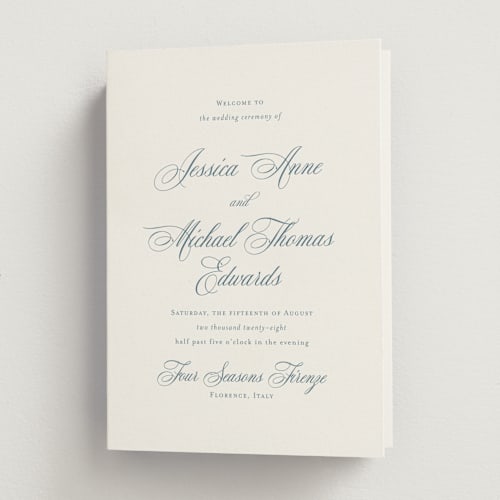 This is a dusty blue unique wedding programs with standard by Jennifer Postorino called empire printing on signature in folded