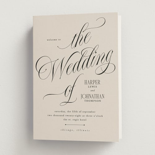This is a linen unique wedding programs with standard by Kate Ahn called mirin printing on signature in folded