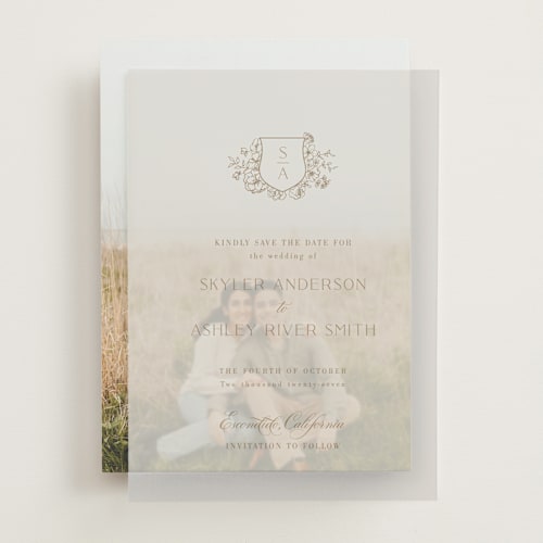 This is a champagne vellum overlays with standard by Cass Loh called floral crest printing on translucent vellum in overlay