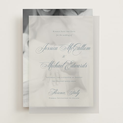 This is a dusty blue vellum overlays with standard by Jennifer Postorino called empire printing on translucent vellum in overlay