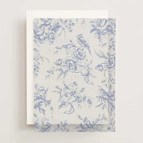 This is a blueberry vellum overlays with standard by Teju Reval called dreamy toile printing on translucent vellum in overlay